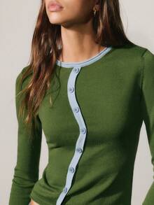 Nöista Green Knit Cardigan With Blue Contrast Trim And Asymmetrical Buttons. Cozy Layering Piece For Office And Everyday Wear. Cozy - Army Green - View 6