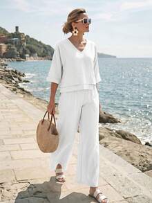 Faunlyn Women's Solid Color V-Neck Top And Long Pants Casual Minimalist Tropical Daily Vacation 2 Pieces Set All White Autumn - White - View 4