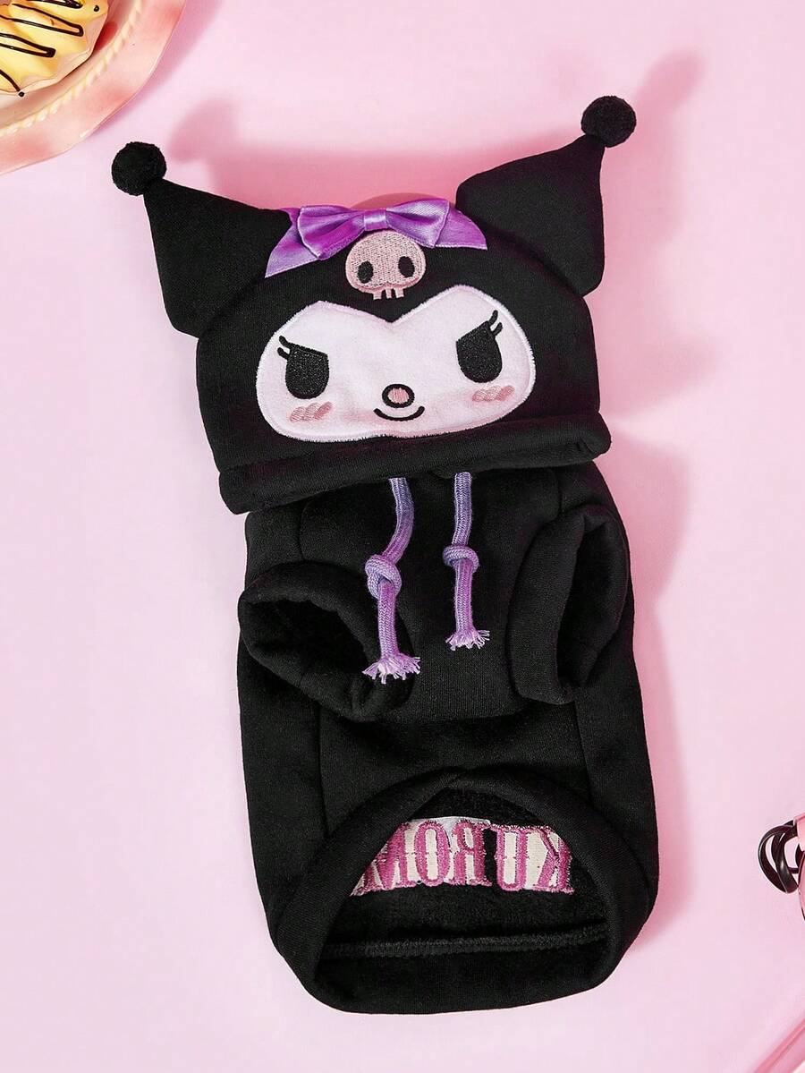 HELLO KITTY AND FRIENDS | PETSIN 1件黑色卡通連帽寵物連帽衫,配紫色蝴蝶結與毛球,適用於貓狗,小狗舒適貼身,適合室內依偎或時尚戶外探險 - 黑色 - 查看 1