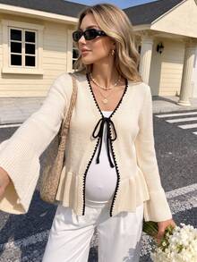 SHEIN Maternity V-Neck Contrast Trim Bow Tie Ruffle Hem Casual Long Sleeve Cardigan,Autumn Outfit For Women Winter - Khaki - View 3