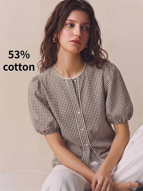 BizChic Brown Plaid Shirt With Hollow Lace Trim Patchwork, Elegant French Vintage Business Casual Commute Picnic Date Daily Vacation Office Autumn Halloween Back To School Church Special Occasion Birthday Wedding Guest Party Country Style Vacation Style