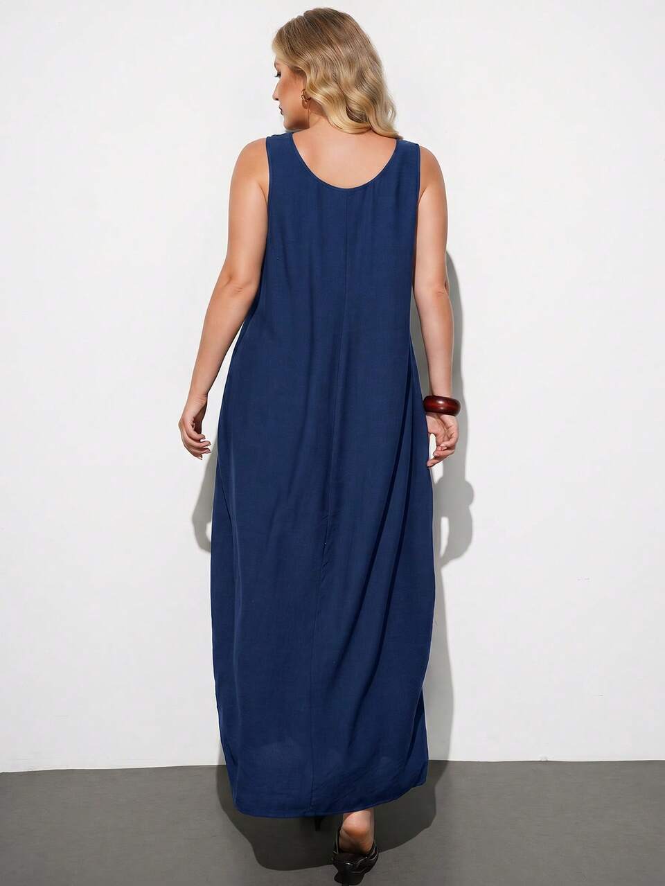 SHEIN Maija Plus Size Solid Color Sleeveless Casual Vacation Dress Vacation Cruise Navy Blue Summer