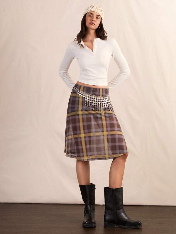 Easelle Vintage Bohemian Low Waist Asymmetrical Hem Plaid Women's Skirt