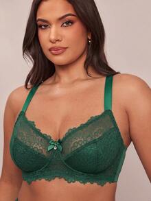 SHEIN BAE CURVE 1件加大码蕾丝拼接钢圈文胸，圣诞节 - 綠色 - 查看 7