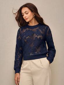 Anewsta Round Neck Short Crochet Asymmetrical Floral Pattern Fitted Cover Up - Royal Blue - View 6