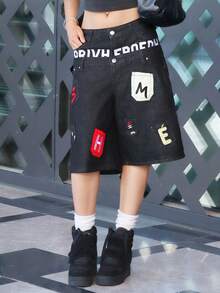 Street Life ROMWE X Capri Everitt 春夏圖案黑色龐克新中式書法虎紋動物街頭風女款細肩帶背心 - 黑色 - 查看 3
