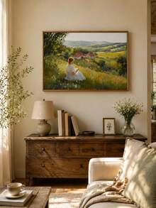 1pc Vintage Canvas Wall Art – Girl Reading In Peaceful Field, Floral Landscape Painting For Living Room Bedroom Dining Room, Unframed - multicolor - View 8