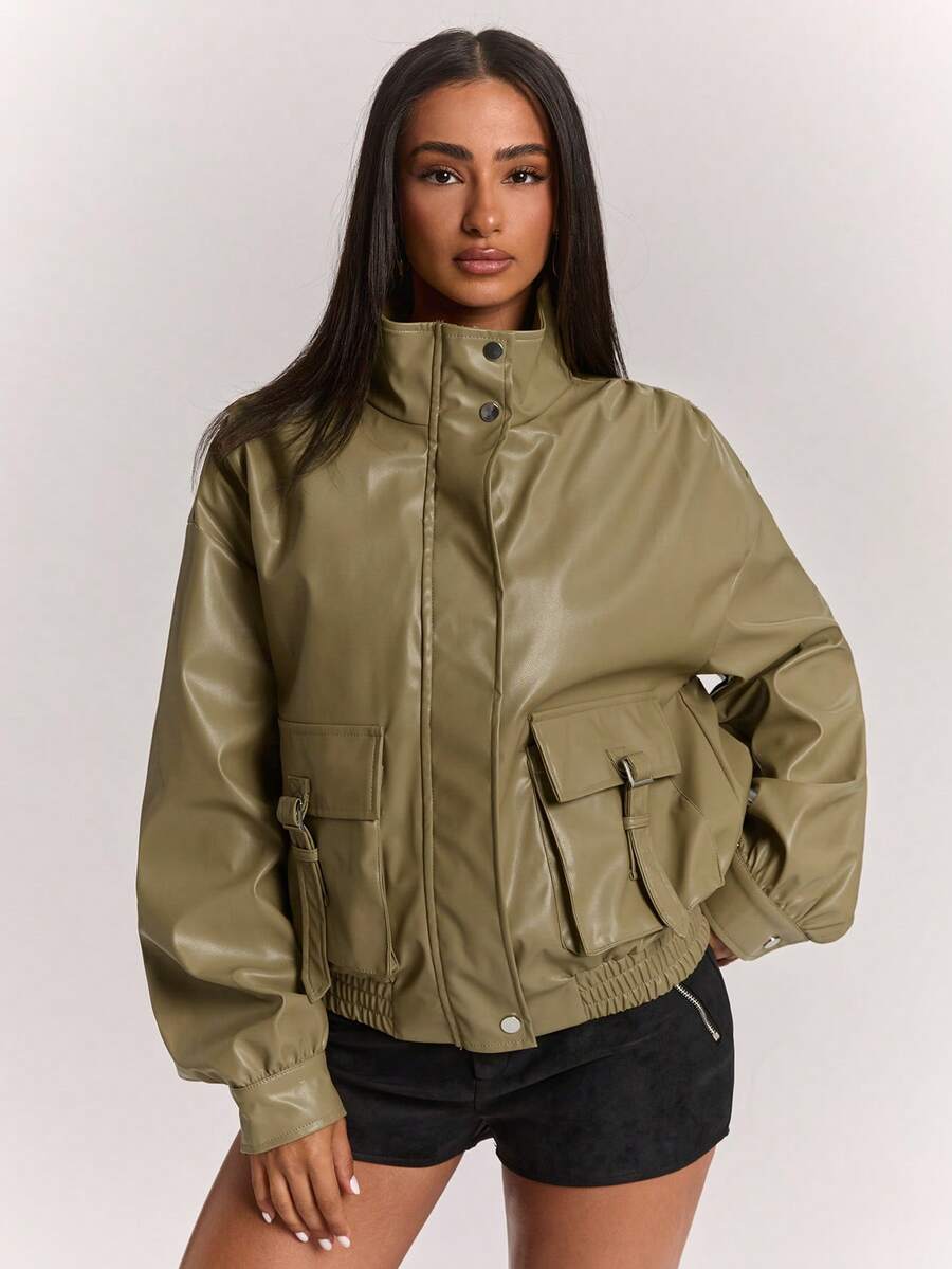 SHEIN BAE Women Olive Green Faux Leather Jacket, Stand Collar Oversized Moto Biker Coat With Utility Pockets, Casual Streetwear For Fall Winter Daily Wear - Mustard Yellow - View 1