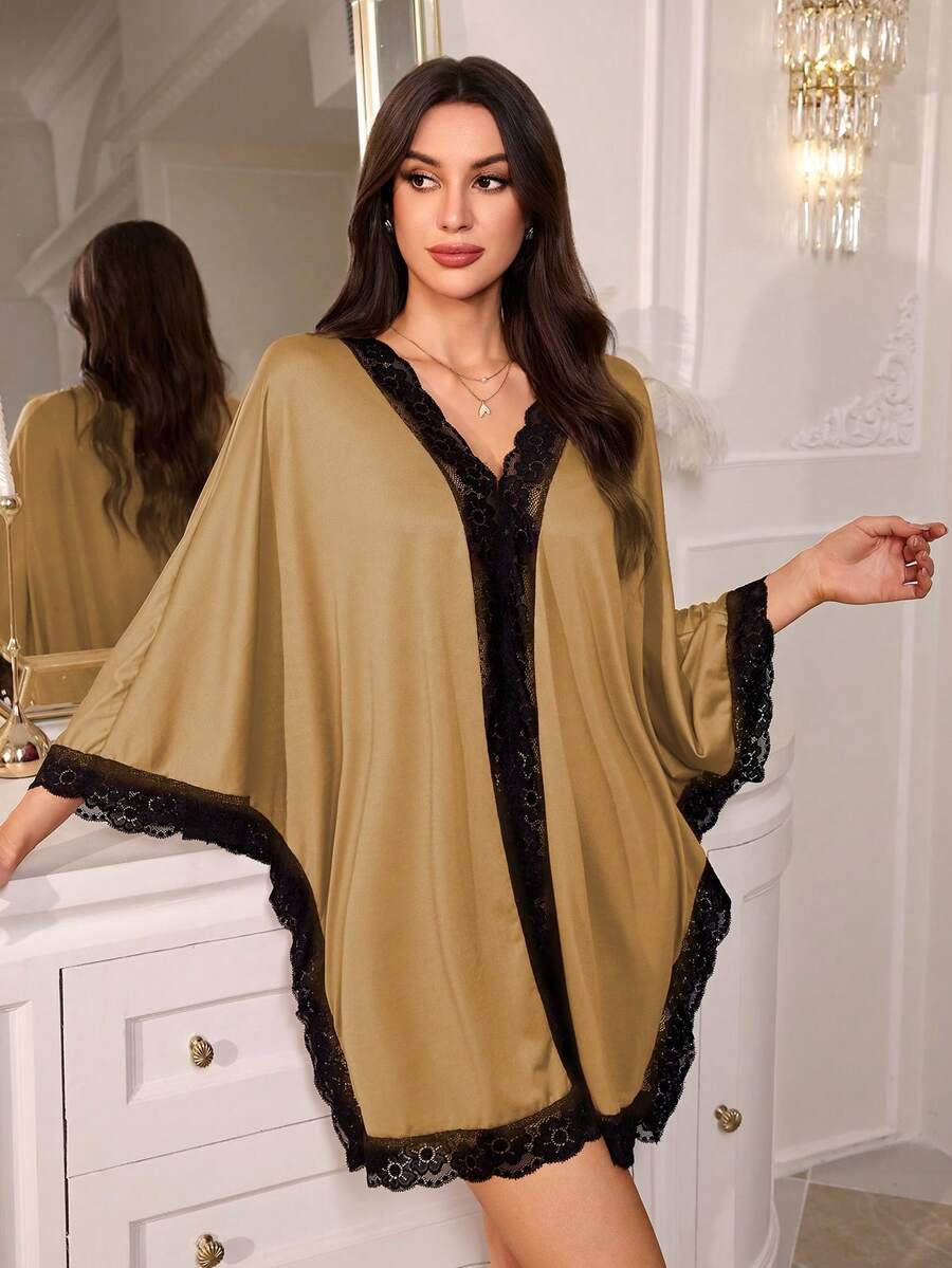 SHEIN 女款對比蕾絲深V領寬鬆性感睡裙 - 棕色 - 查看 1