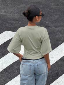 Muchica Women's Knit All-Match Fashion Versatile Batwing Sleeve T-Shirt - Olive Green - View 2