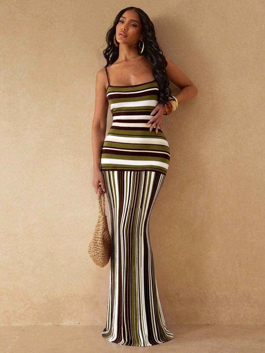 Silquee Women's Striped Colorblock Casual Daily Vacation Cover-Up Camisole Dress - Dark Green - View 1