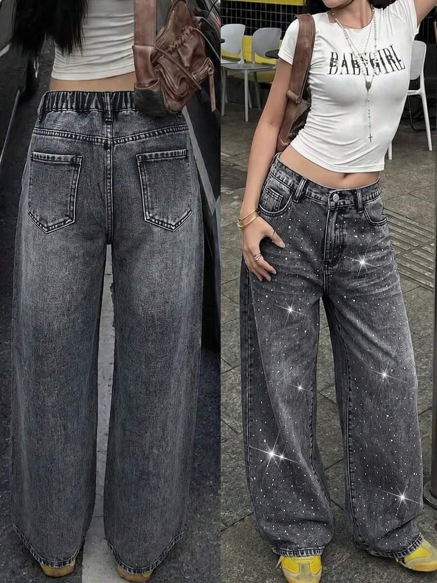 Celana Jeans Longgar dan Nyaman Berpayet Biru-Hitam Berkilau Gaya Kasual Y2k untuk Sekolah, Cocok untuk Remaja Perempuan - Biru - View 1