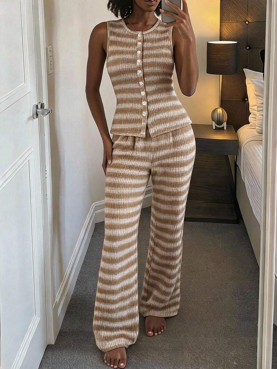 Livesso Women's 2 Pieces Set: Summer/Autumn Round Neck Sleeveless Button Striped Knit Slim Top With Loose Wide Leg Long Pants, Khaki Lounge Sets For Women - Khaki - View 1