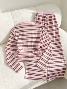 SHEIN Explorewe 青少年女孩條紋拼接短袖T恤與長褲休閒日常套裝 - 彩色 - 查看 2