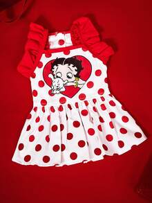 Betty Boop X PETSIN 1件可愛紅白波點復古卡通印花荷葉邊肩帶休閒洋裝，適合小型犬貓，適合室內派對或陽光戶外散步 - 波點 - 查看 1