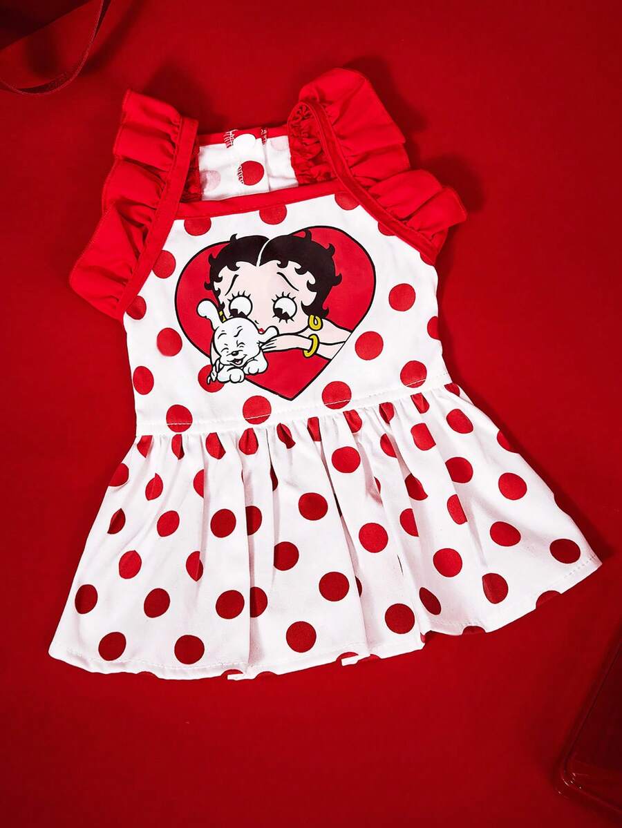 Betty Boop X PETSIN 1件可愛紅白波點復古卡通印花荷葉邊肩帶休閒洋裝,適合小型犬貓,適合室內派對或陽光戶外散步 - 波點 - 查看 1