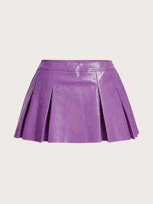 SHEIN ICON 素色PU皮革百褶半身裙 - 紫色 - 查看 2