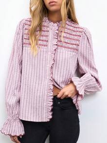 Nöista Blusa de rayas finas rosa con bordado de panal y volantes, estilo retro francés. Primavera, verano, otoño, top versátil, vuelta al colegio - Rosa - Ver 2