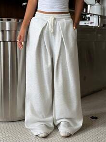Muchica Women's Autumn/Winter New Light Gray Thermal Lined Pleated Casual Loose Sweatpants For Going Out, Streetwear ,Gray Pants - Light Grey - View 4