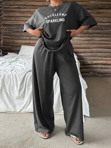 Dazy Plus Letter Print Loose Short Sleeve Casual Pants 2-Piece Set Spring Summer Autumn Grey Pajama Set - Dark Grey - View 4