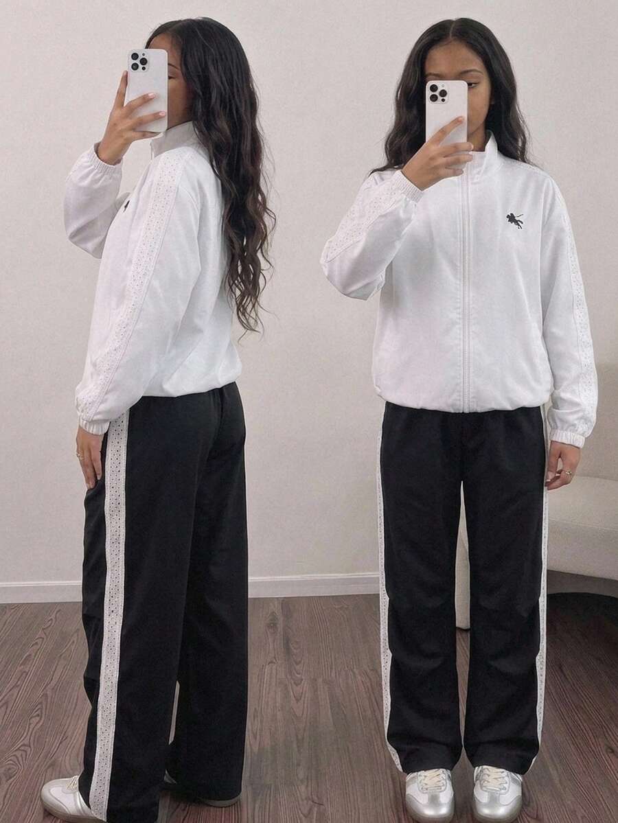 SHEIN 少女開學休閒刺繡長袖夾克 騎士款 前拉鍊輕便校園度假外套 白色/黑色 秋季 - 黑與白 - 查看 1