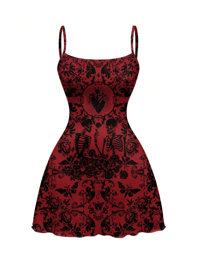 ROMWE Goth Dark Mysterious Floral Rose Heart Skull Sexy Dark Girl Full Print Mini Women's Dress