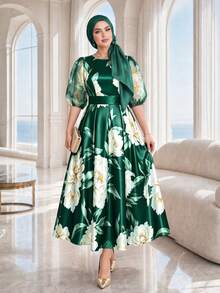 SHEIN Lady CURVE Plus Size Round Neck Raglan Petal Sleeve Summer Elegant Floral Print Dress Olive Green Birthday Evening Wedding Evening Evening Bride Vacation - Green - View 4