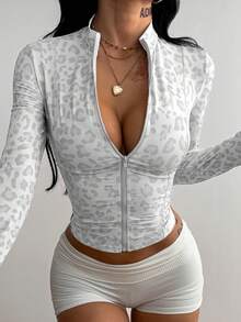 Coolane Women's Fall/Winter Grey Leopard Print Zip Up Sports Jacket, Slim Fit High Stretch Long Sleeve Workout Top - White - View 1