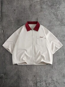 AXEPEAK Kemeja Kasual Pria Lengan Pendek Motif Huruf dengan Resleting di Bagian Depan - Aprikot - View 3