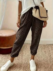 EMERY ROSE Plus Size Women's High Waist Loose Leopard Print Ankle Pants Fall - Brown - View 4