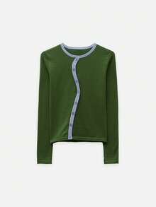 Nöista Green Knit Cardigan With Blue Contrast Trim And Asymmetrical Buttons. Cozy Layering Piece For Office And Everyday Wear. Cozy - Army Green - View 10