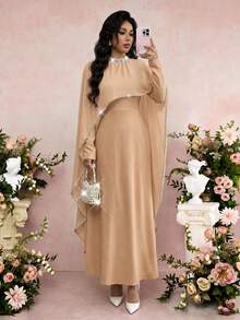 Rafferiza 女款水鑽裝飾立領休閒派對洋裝 - 卡其色 - 查看 3