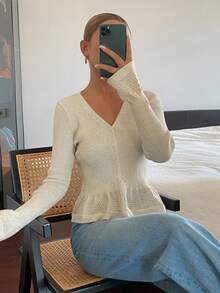 DAZY Cardigan Liburan Musim Semi/Gugur Elegan untuk Wanita dengan Motif Bunga, Pinggang Pas, Hem Berumbai, Lengan Panjang, dan Leher V - Aprikot - View 6