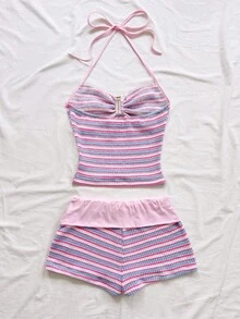 SHEIN 青少年女孩條紋拼接掛脖綁帶上衣與短褲休閒日常套裝 - 粉色 - 查看 2