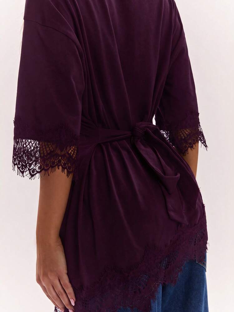 SHEIN BAE Women's Elegant Solid Color Lace Patchwork Asymmetric Hem Top - Red Violet - View 7