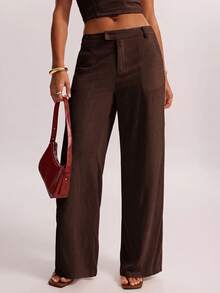 SHEIN BAE Celana Panjang Wanita Polos dengan Saku, Kasual, Serbaguna, untuk Perjalanan Sehari-hari - Coffee Brown - View 6
