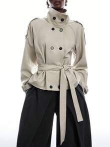 LYSMO Women's Solid Color Raglan Sleeve Double-Breasted Casual Trench Coat Office Wear For Women Going Out Outfits - White - View 4