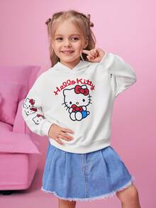 HELLO KITTY AND FRIENDS | SHEIN 年轻女孩卡通印花连帽落肩宽松运动衫 - 白色 - 查看 4