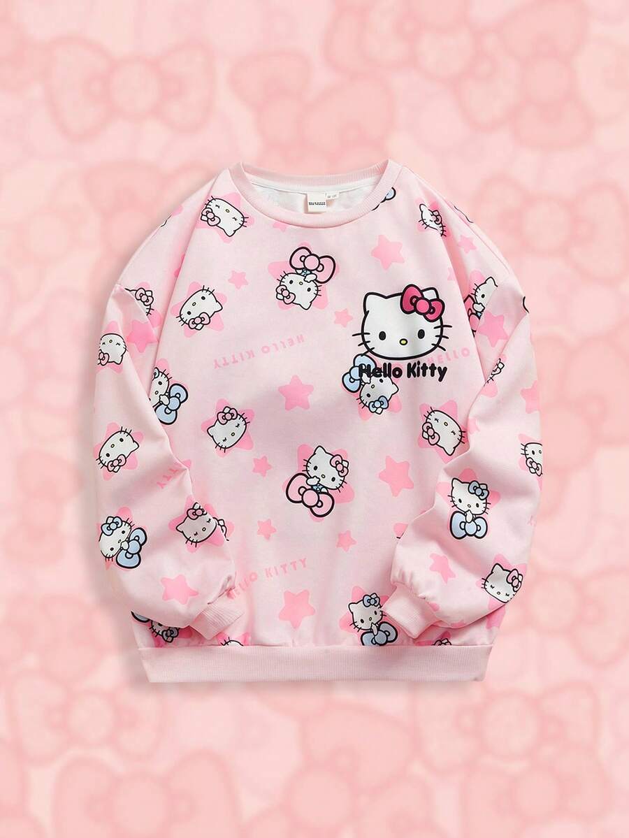 HELLO KITTY AND FRIENDS | SHEIN Tween Girl 粉色卡通印花可爱休闲圆领运动衫 - 彩色 - 查看 1