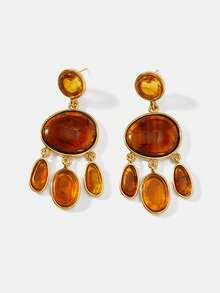 MOTF PREMIUM Retro Multi-Layer Gradient Tortoiseshell Amber Fringed Earrings, Multiple Oval Hemming Gold-Plated Long Banquet Earrings - Gold brown fringed earrings - View 2