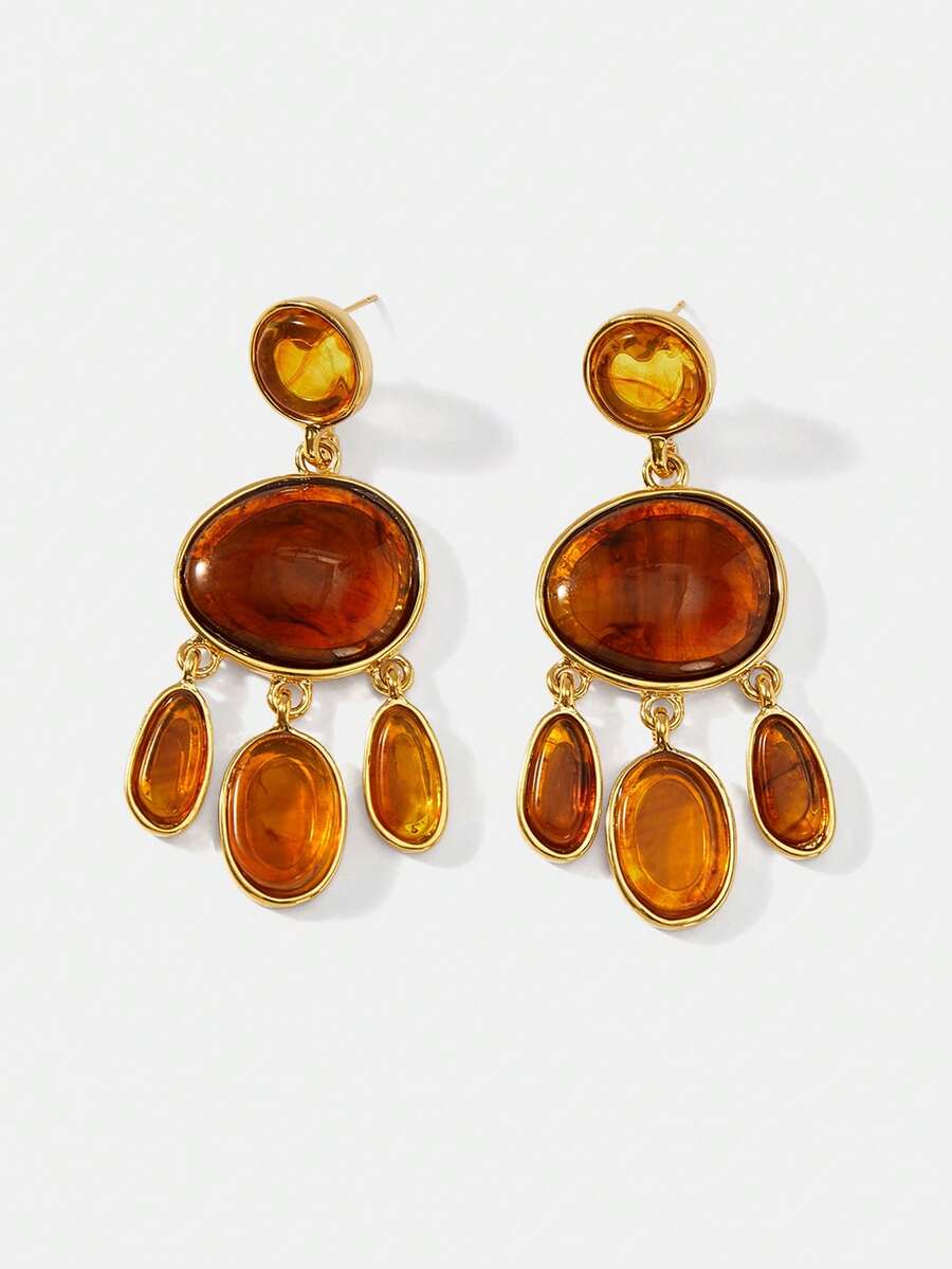 MOTF PREMIUM Retro Multi-Layer Gradient Tortoiseshell Amber Fringed Earrings, Multiple Oval Hemming Gold-Plated Long Banquet Earrings - Gold brown fringed earrings - View 2