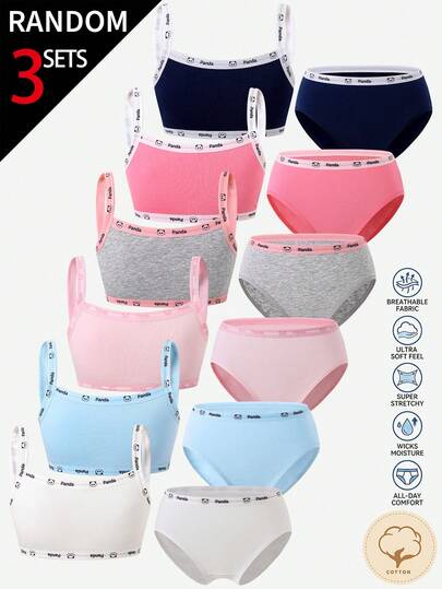 [3 Random Sets] Tween Girls Traceable Cotton Camisole And Triangle Bra Set, Solid Textured Fabric Offered In Six Gentle Assorted Pastel Shades
