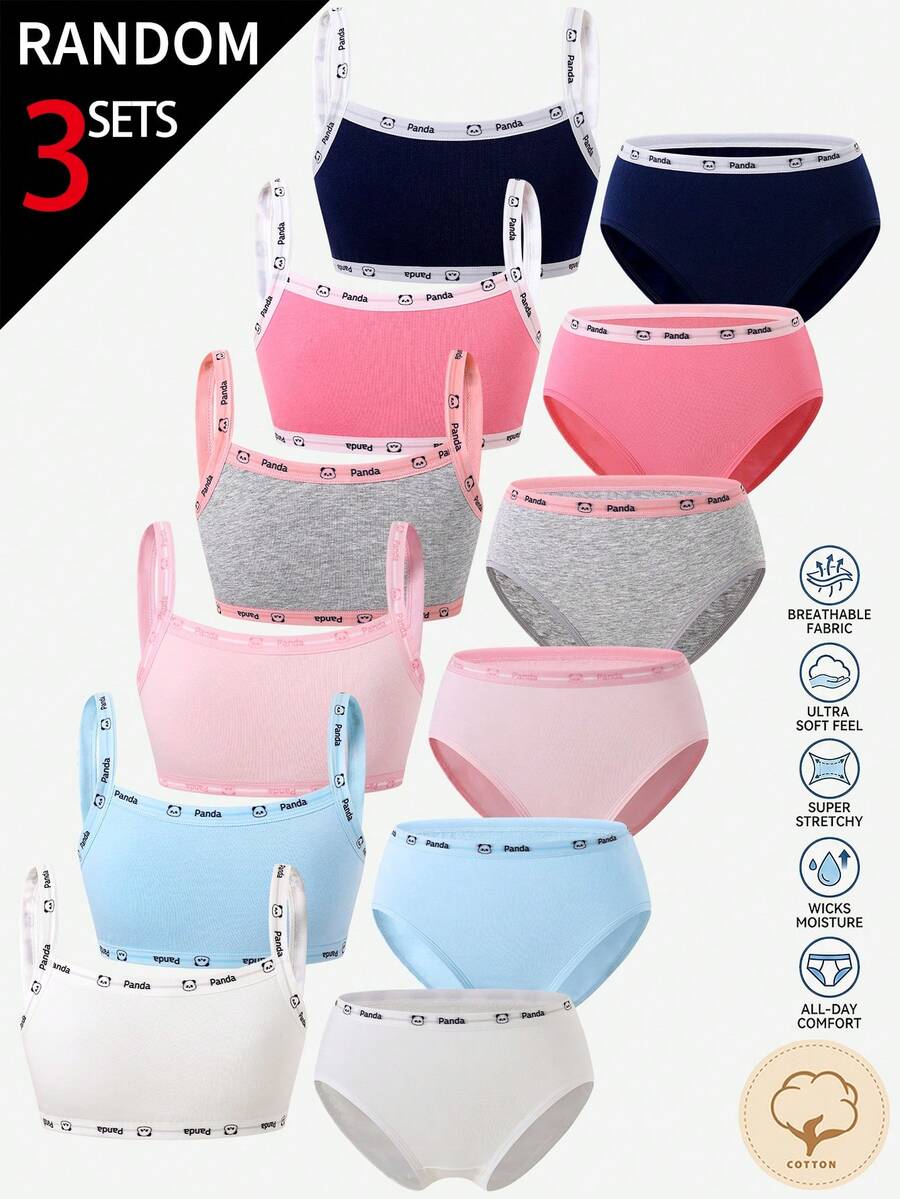 [3 Random Sets] Tween Girls Traceable Cotton Camisole And Triangle Bra Set, Solid Textured Fabric Offered In Six Gentle Assorted Pastel Shades - Multicolor - View 1