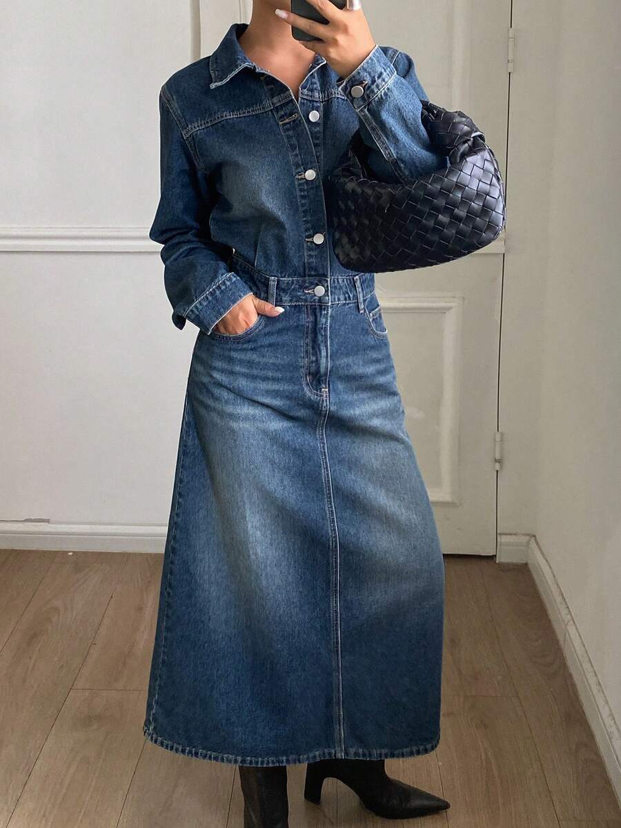 DAZY Đầm sơ mi denim nữ cổ bẻ tay dài phong cách urban casual cho mùa thu - Rửa trung bình - Xem 1