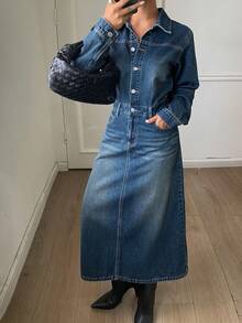 DAZY Đầm sơ mi denim nữ cổ bẻ tay dài phong cách urban casual cho mùa thu - Rửa trung bình - Xem 2