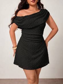 Enliva Plus Size Spring/Summer New Elegant Asymmetrical Cold Shoulder Short Sleeve Ruched Knit Dress, Casual Versatile Party Dress, One Shoulder Dress, Black Dress, Short A-Line Dress - Black - View 7