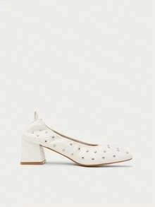 Nöista Soft Ballet Flat With Square Toe, Stud Embellishments And A Flexible Sole, Offering Comfort With A Modern Edge. - Beige - View 1