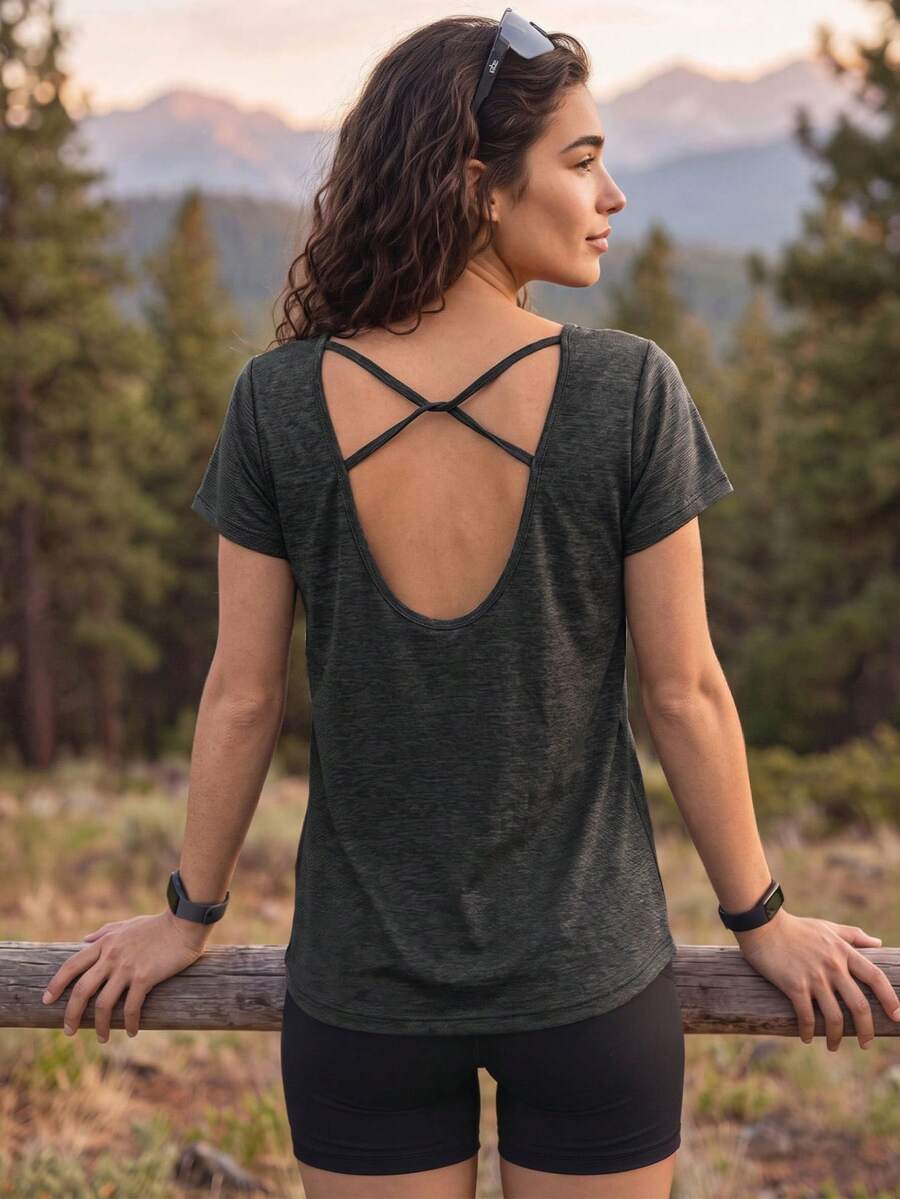 Exploreva Exploreva Women's Solid Color Backless Casual Versatile Daily Short Sleeve T-Shirt - Dark Grey - View 1