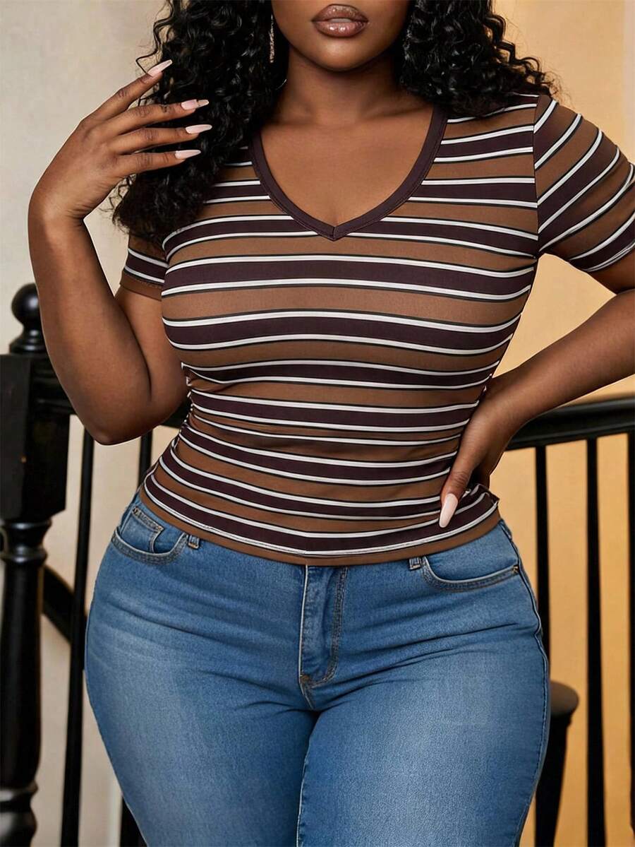 Slaydiva 2025 New Plus Size Women's Casual Modest Basic Tank Top, Sleeveless Deep V-Neck Narrow Ribbed Brown Ribbed T-Shirt Holiday Semi Formal Summer