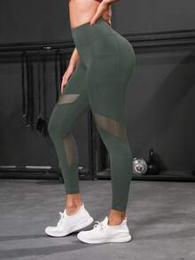 Powerista Solid-Color Mesh Contrast Sheer Sports Leggings Yoga Women Pants - Army Green - View 7